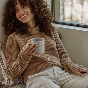 Quince 100% Organic Cotton Fisherman Crew Sweater Camel Tan Brown Large Chunky